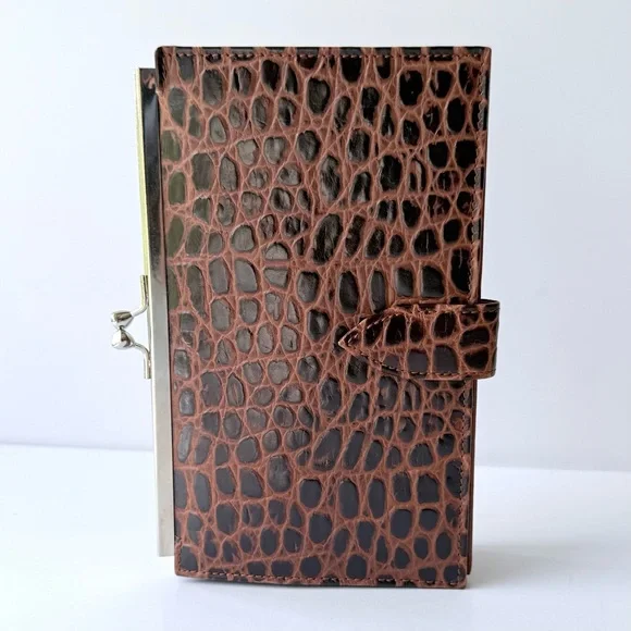 J. Peterman Brown Crocodile-Embossed Italian Leather Clutch / Wallet - Picture 5 of 13